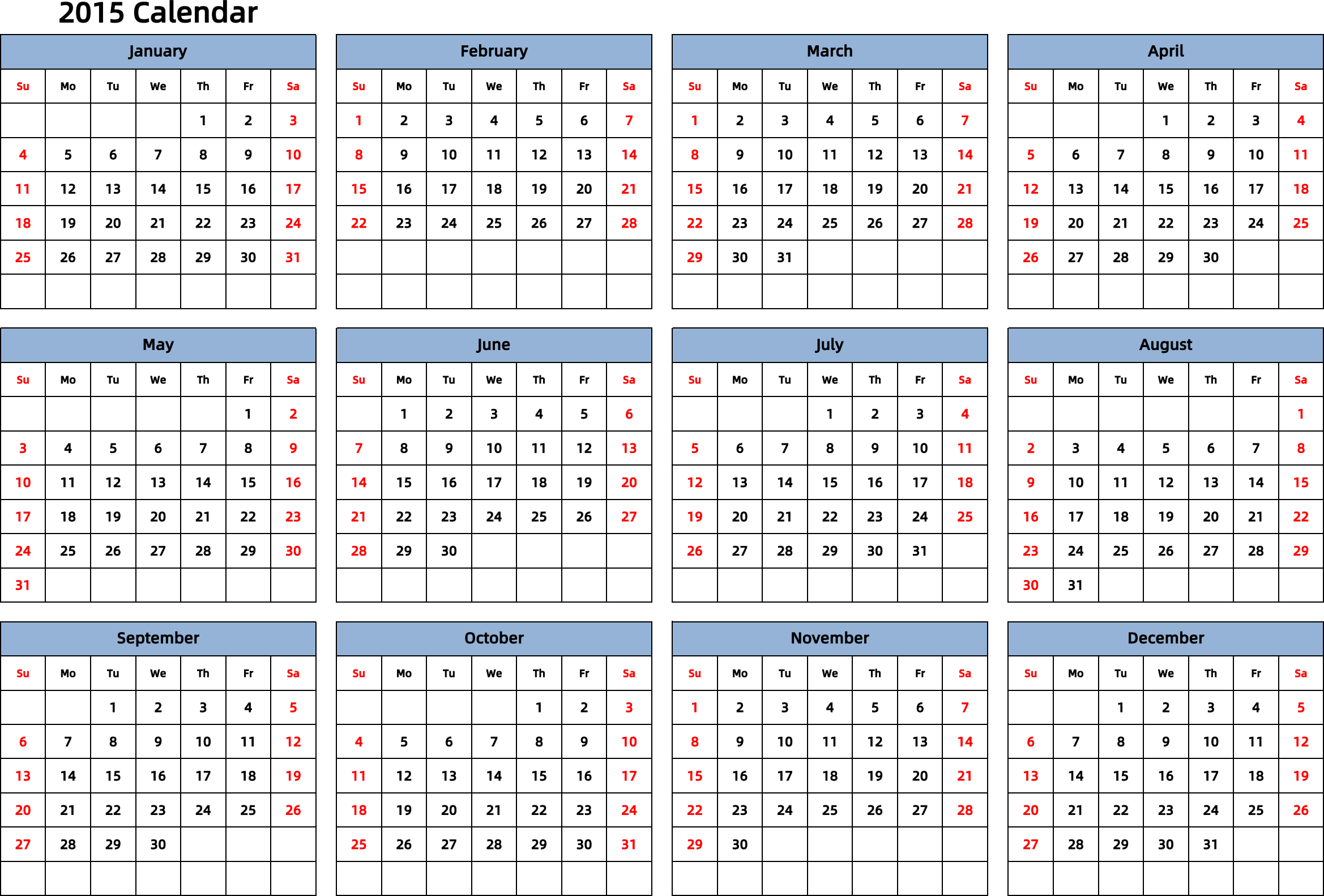 日历表2015年日历 英文版 横向排版 周日开始